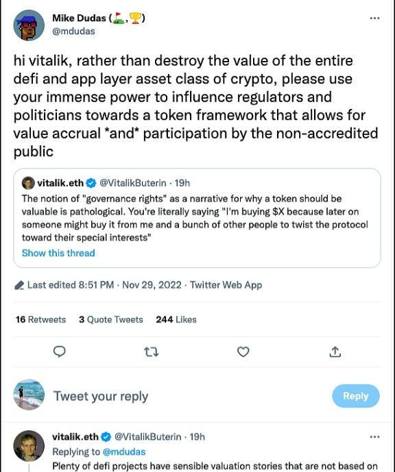 以太坊创始人Vitalik Buterin回复称,许多DeFi项目都有不基于“治理权”的合理估值叙事