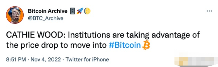 Ark Invest首席执行官Cathie Wood表示，机构正在利用价格下跌的机会进入比特币。