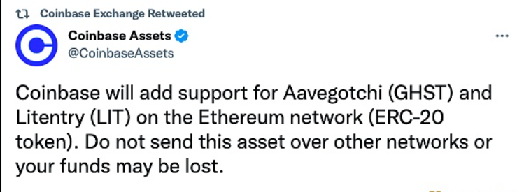 Coinbase将在以太坊网络（ERC-20 代币）上增加对 Aavegotchi (GHST) 和 Litentry (LIT) 的支持