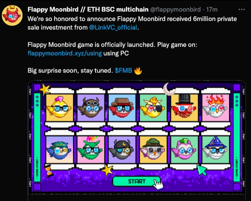 Free-to-Earn休闲链游Flappy Moonbird天使轮融资来自于Moonbirds月鸟NFT持有者的个人投资Free-to-Earn休闲链游Flappy Moonbird
