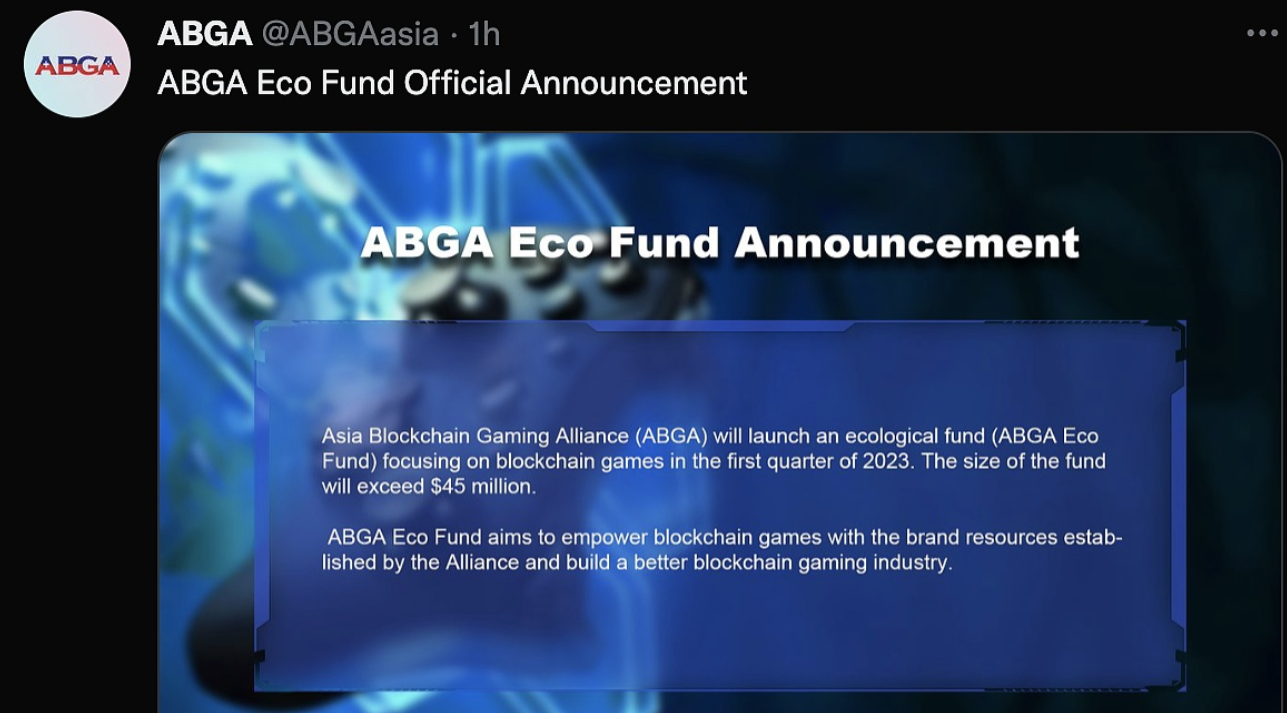 亚洲区块链游戏联盟（ABGA）将于2023年第一季度推出针对区块链游戏赛道的生态基金（ABGA Eco Fund）