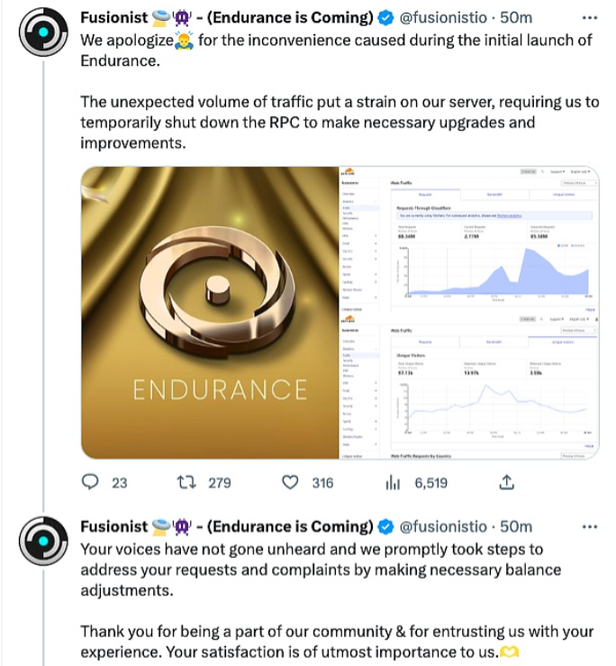 链游 Fusionist 在主网 Endurance 在上线后不久曾出现服务器过载