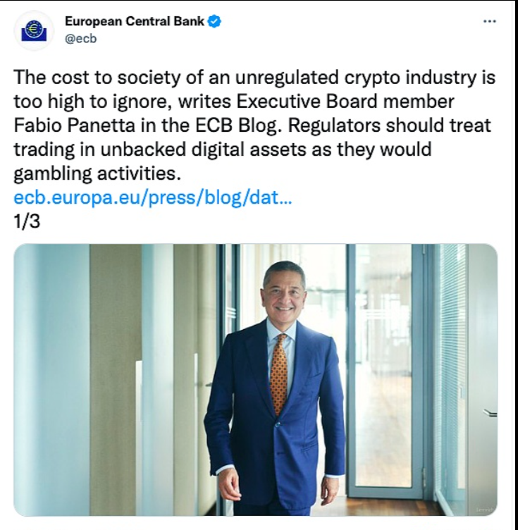 欧洲央行执委Fabio Panetta在欧洲央行博客中写道