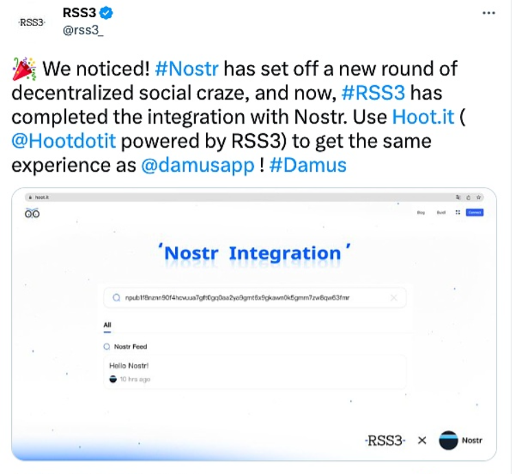 Open Web信息分发协议RSS3宣布实现对Nostr及应用Damus的集成适配