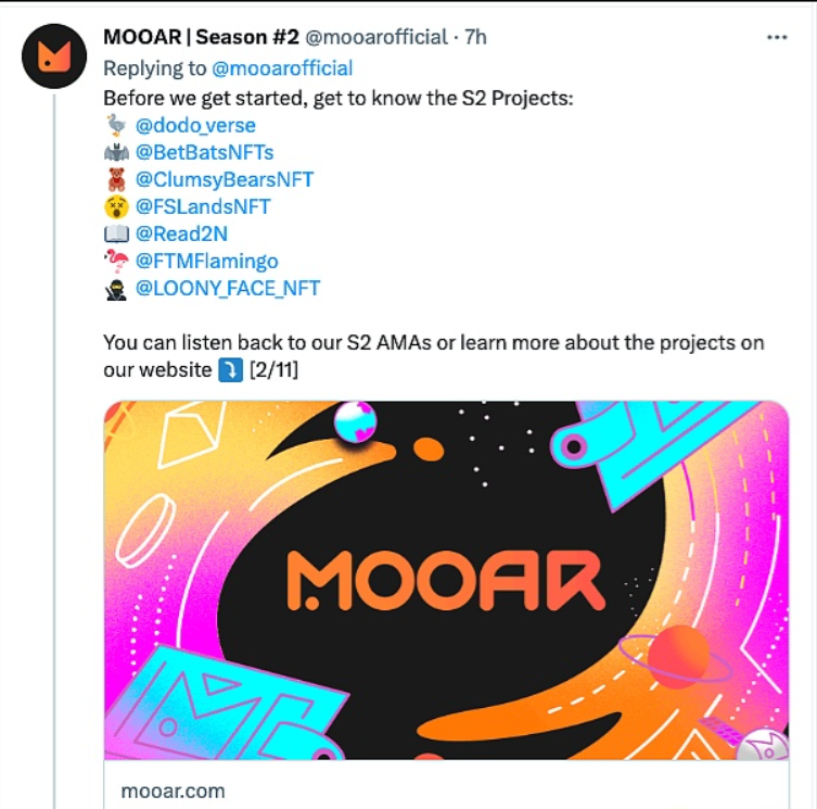STEPN开发商Find Satoshi Lab（FSL）推出的新兴NFT Launchpad MOOAR第二季包括7个新项目