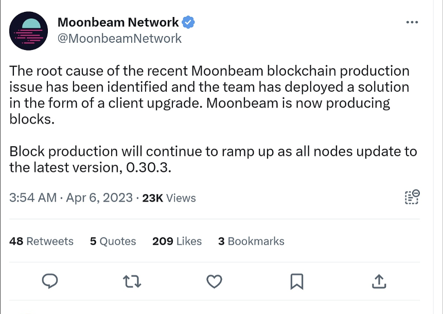 Moonbeam网络出现宕机事故