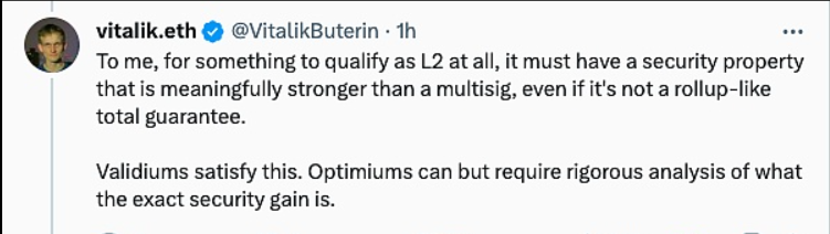 以太坊联合创始人V神表示对于有资格成为L2的东西，必须具有比多签更强大的安全属性