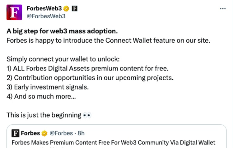福布斯通过数字钱包连接为Web3社区提供免费的高级内容功能